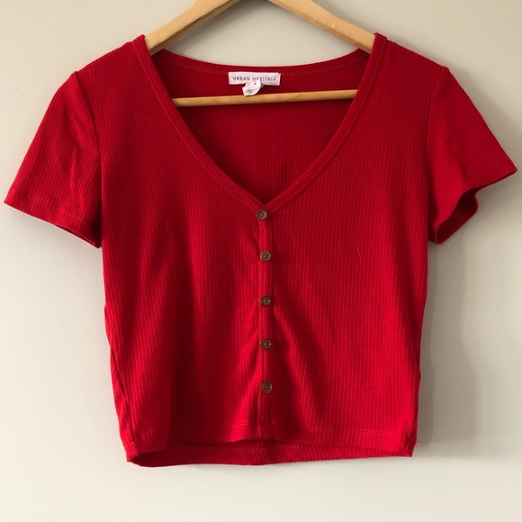 Urban Heritage Tops - Urban Heritage | Red V-Neck Crop Top w/ Buttons